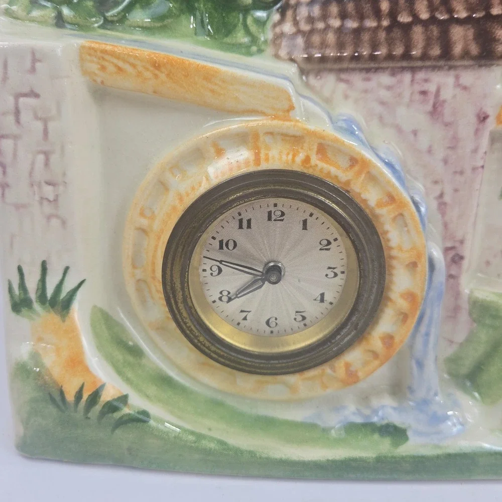 Vtg 1950s German Watermill Mantel Clock Ceramic Alpine Scene 12x8x3 READ